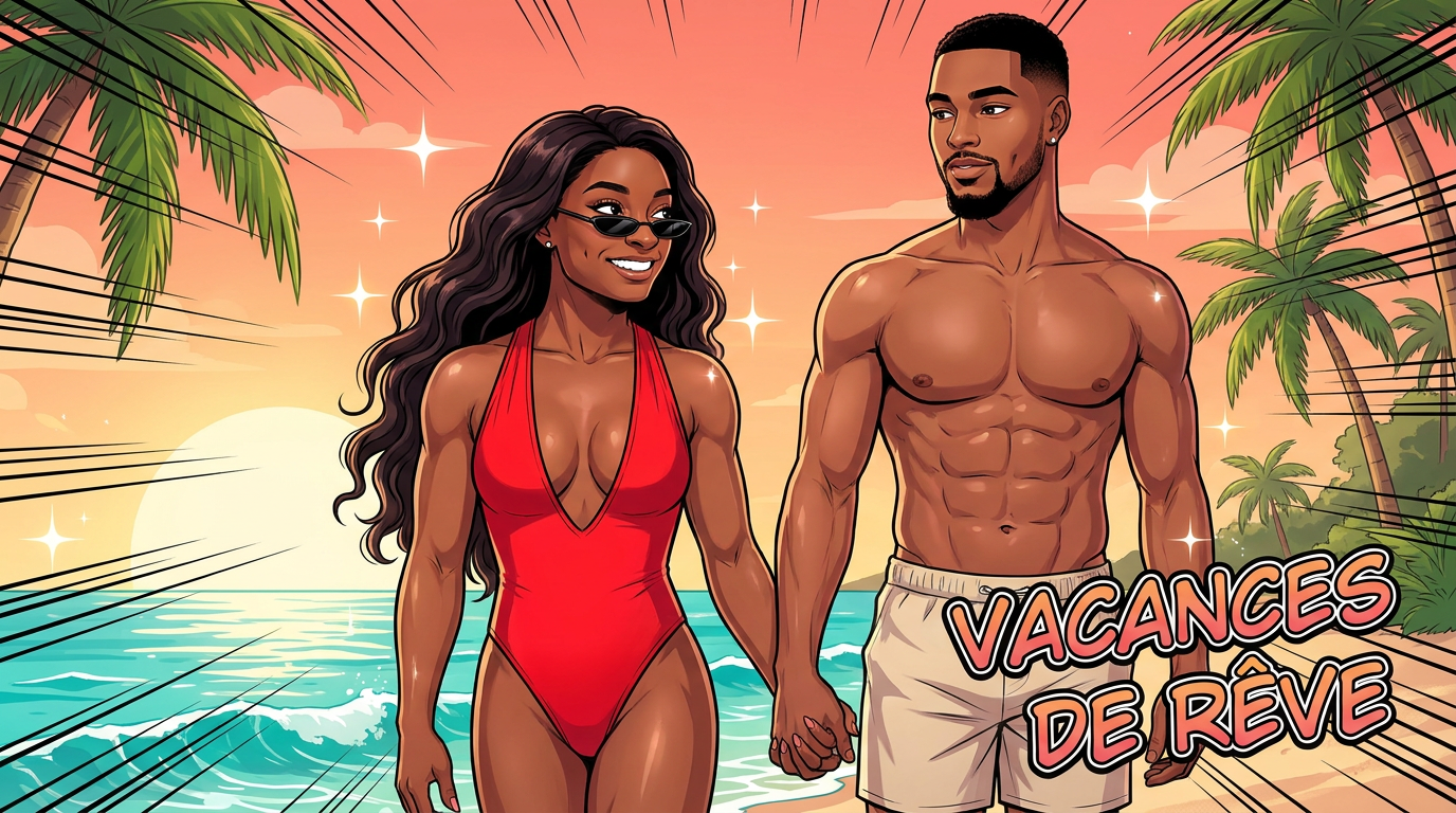 Simone Biles porte un maillot de bain rouge plongeant pendant ses vacances