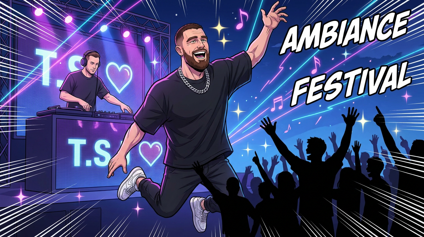 Travis Kelce danse sur scène pendant qu’un DJ lance un remix avec un clin d’œil à Taylor Swift